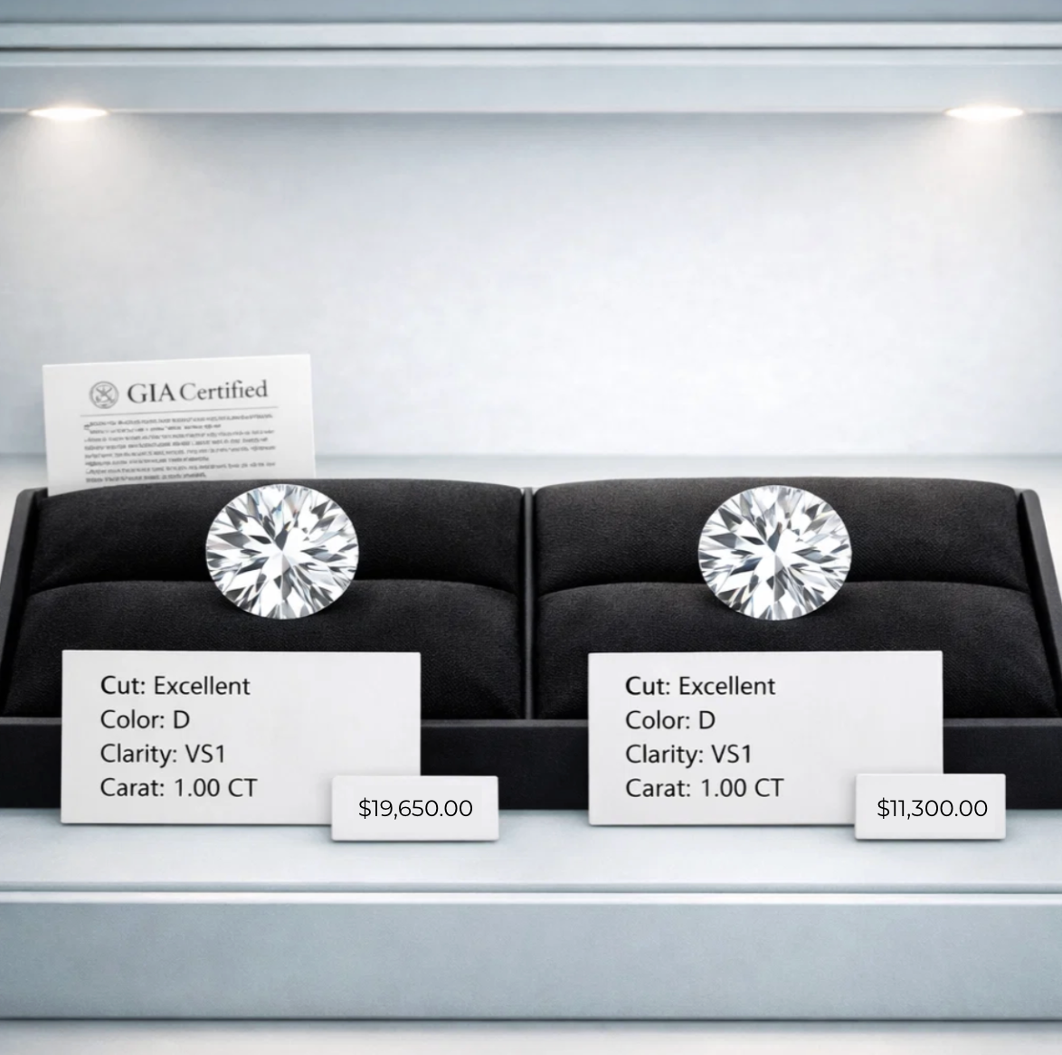 Two identical GIA-certified diamonds priced differently — $19,650 vs $11,300 — illustrating the premium buyers pay for verified certainty.